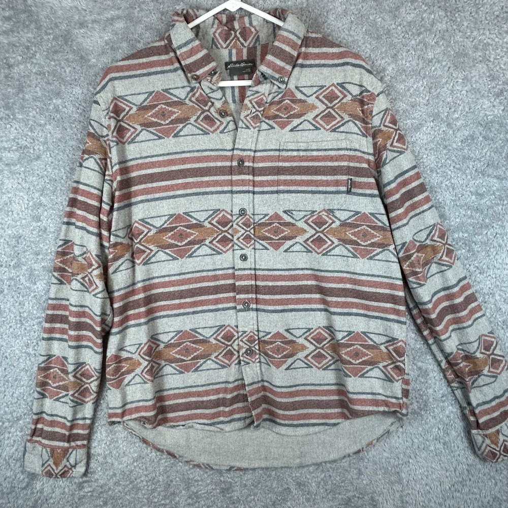 Eddie Bauer Mens Large Southwestern Geometric Flannel Shirt Grey Rust LS - Picture 3 of 11